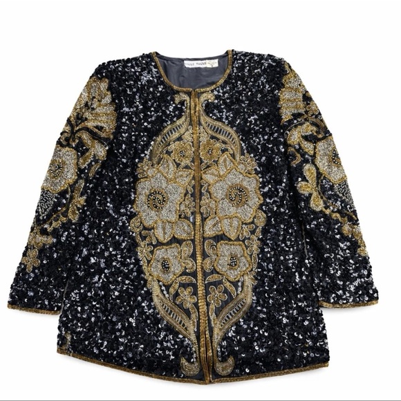 Vintage Night Vogue Black Sequin Silk Jacket Gold Embroidery Formal Sz M - Picture 2 of 10